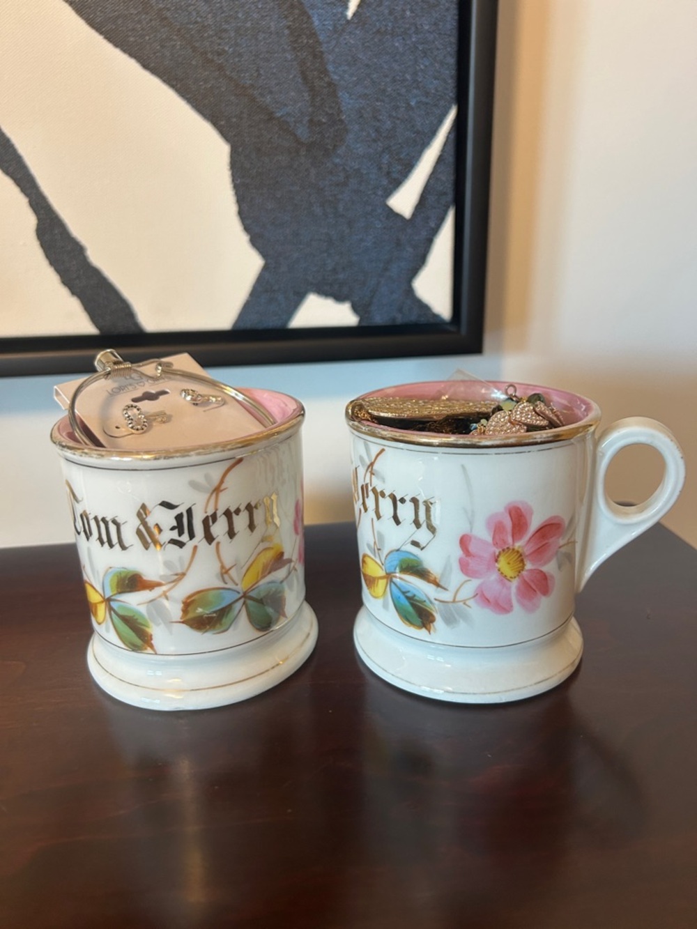 Jewelry Jars! Two vintage mugs full of jewelry! Tom and Jerry, wearable jewelry